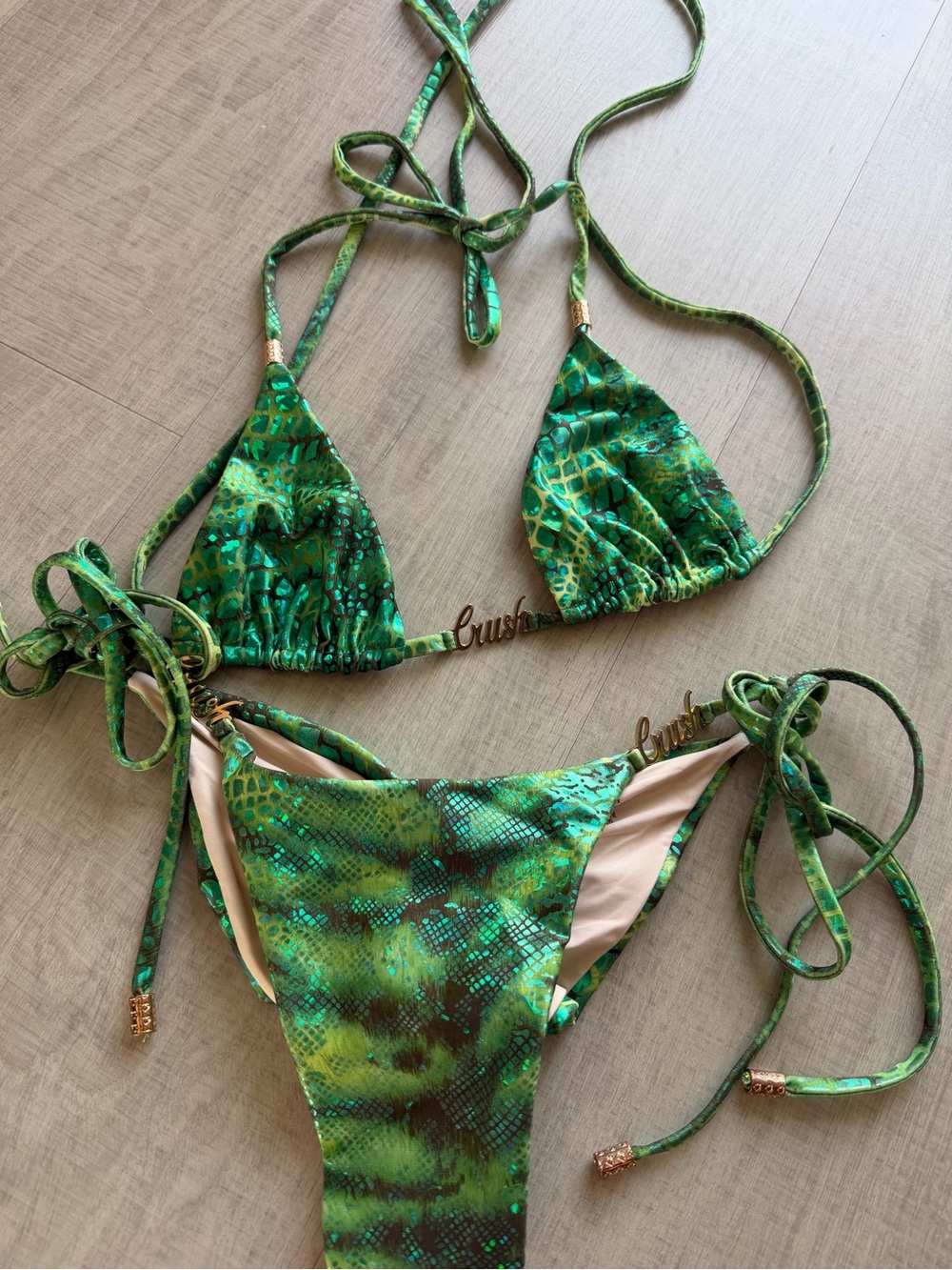 RARE Bikini Crush Swimwear - Green Print Triangle Tie-Side Bikini S/L